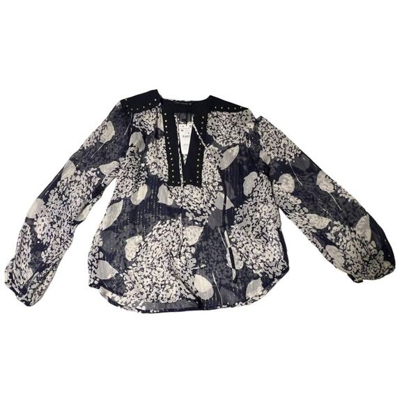 Zara Mulberry Silk Navy/Ecru Long Sleeve Blouse with Studs Women's Size Medium N - Picture 16 of 16